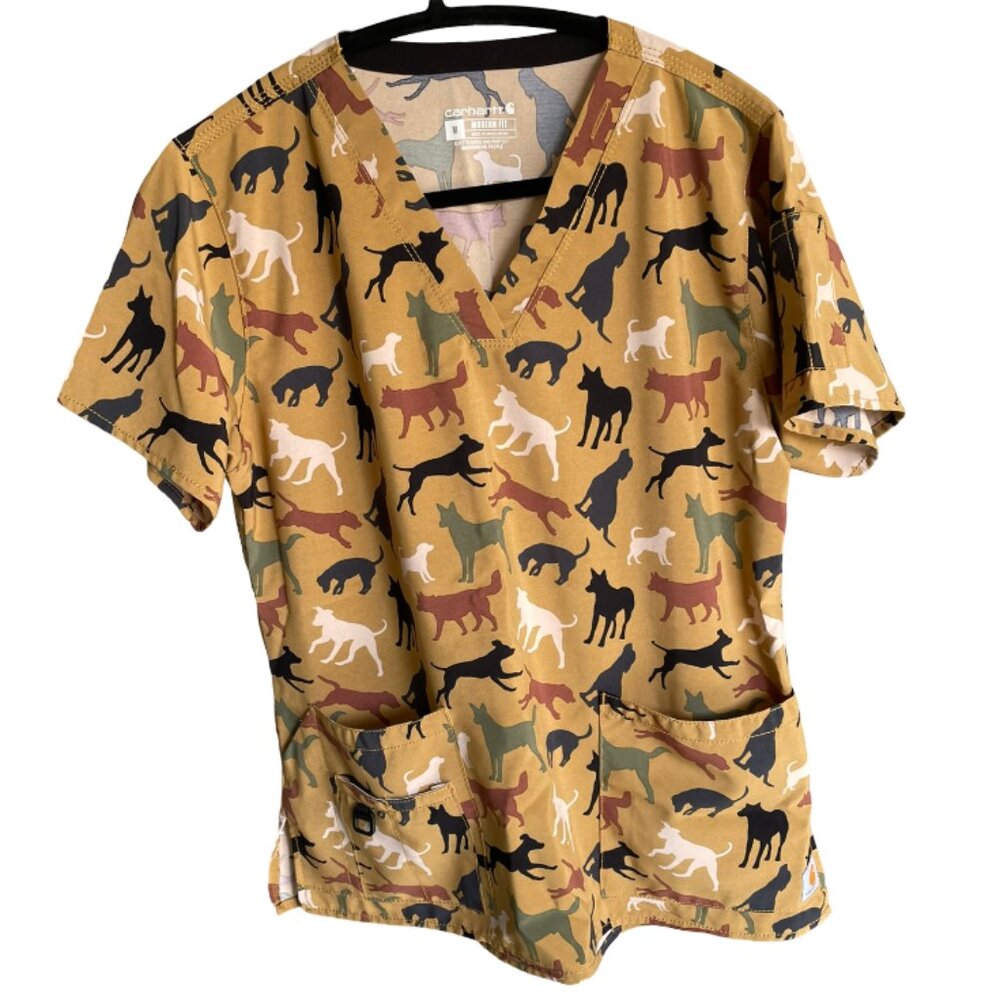 CARHARTT Dogs Scrubs Top Tan V Neck Pockets C12114 Women's Medium